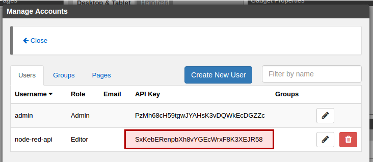 Sample groov user and API key